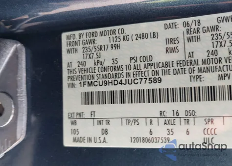 2018 Ford Escape Sel из США, поврежденный, VIN 1FMCU9HD4JUC77589